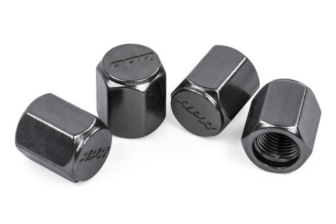 APR Valve Stem Caps MS100179 Caps, Hex Flat Cap Style, Aluminum, Gunmetal Anodized, Logo, Set of 4
