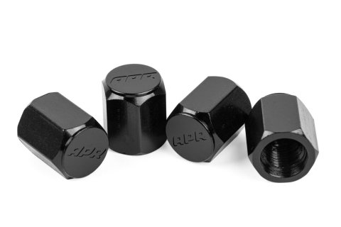 APR Valve Stem Caps MS100197 Caps, Standard Type, Hex Flat Cap Style, Aluminum, Black Anodized, Logo, Set of 4