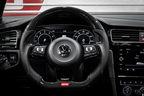 APR Steering Wheels for 2015-2019 GOLF R, 2015-2021 GTI, 2015-2026 JETTA - MS100206 Wheels, Wheel, Carbon Fiber/Leather, Black, Silver Stitching, without Paddle Shift, Each