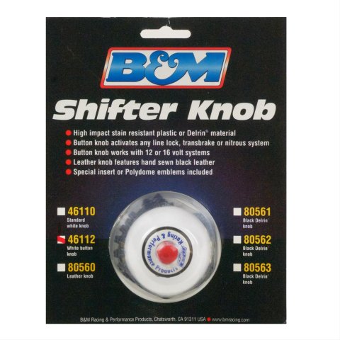 B&M Button Shifter Knobs 46112 Shift Knob, Round, Plastic, White, Logo, Automatic, Manual Transmission, Each