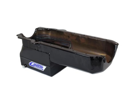 Canton Racing Drag Wet Sump Oil Pans 13-080MBLK Pan, Sump, Steel, Black Powdercoated, Rear Sump, 5 Qt., 3.875 in. Stroke, Passenger Side Dipstick, Chevy, Small Block, Each