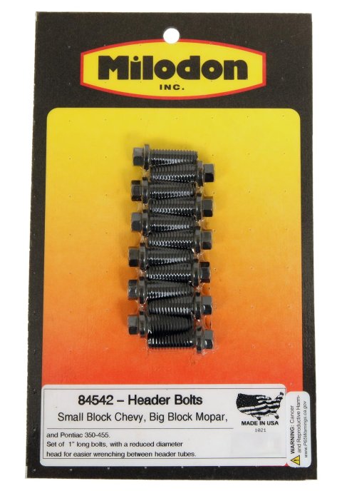 Milodon Header Bolts 84542 Fasteners, Bolts, Hex Head, Steel, Black Oxide, Chevy, Chrysler, Pontiac, Set of 12