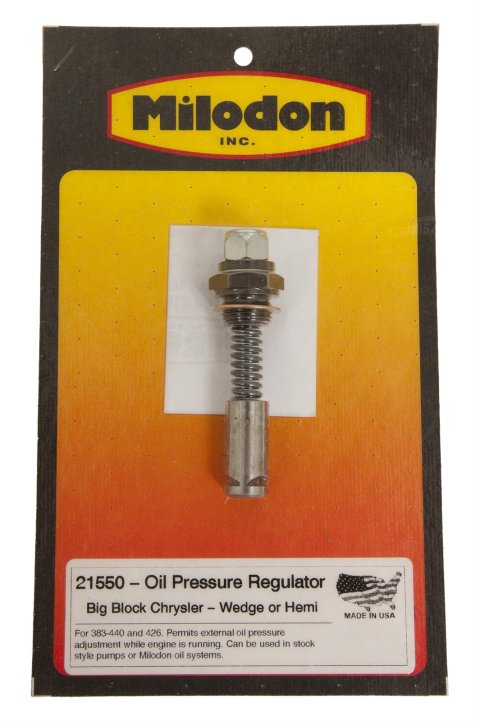 Milodon Externally Adjustable Oil Pressure Regulators 21550 External Regulator, Stainless Steel, Adjustable, Mopar Big Block/Hemi, 6.8/7.0/7.2L, Each