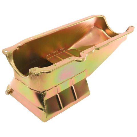 Milodon Street and Strip Oil Pans 30902 Pan, Steel, Gold Iridite, 7 qt., Chevy, Small Block, 1986 Up, RH Dipstick, Each