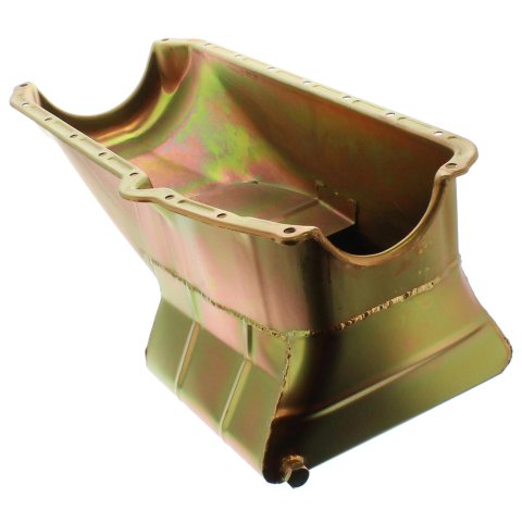 Milodon Street and Strip Oil Pans 30900 Pan, Strip, Low Profile, Steel, Gold Iridite, 7 qt., LH Dipstick, Chevy, Small Block, Each