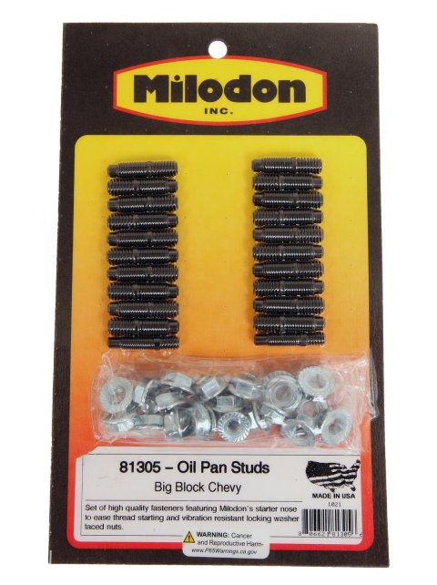 Milodon Oil Pan Stud Kits 81305 Studs, Black Oxide/Cadmium Plated, Hex Nut, Chevy, Big Block, Kit