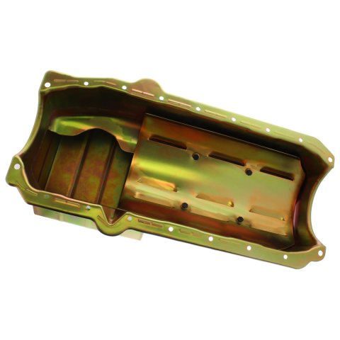 Milodon Street and Strip Oil Pans 30907 Pan, Steel, Gold Iridite, 6 qt., Chevy, Small Block, RH Dipstick, Dart SHP, Stroker, w/Windage Tray, Each