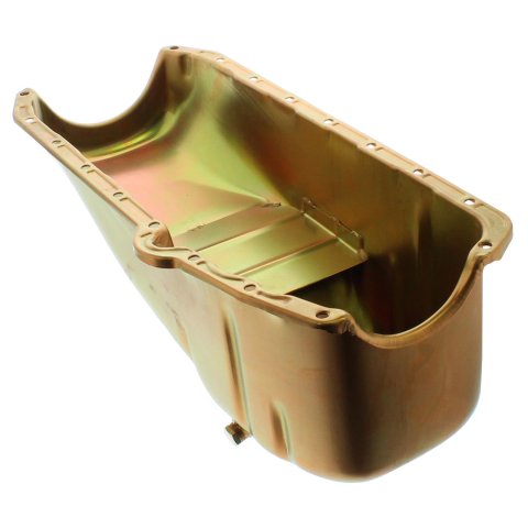 Milodon Stock Replacement Oil Pans 30700 Pan, Steel, Gold Iridite, 5 qt., Chevy, Small Block, LH Dipstick, Internal Control Baffles, Each