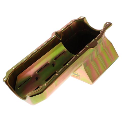 Milodon Street and Strip Oil Pans 30909 Pan, Steel, Gold Iridite, 6 qt., Chevy, Small Block, 1986-Up RH Dipstick, With Windage Tray, Each