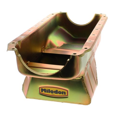 Milodon Street and Strip Oil Pans 30940 Pan, Steel, Gold Iridite, 8 qt, Mopar, Small Block, 360, A, B E Bodies, Each
