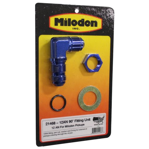 Milodon Bulkhead Fittings 21468 Fitting, 90 degree, Aluminum, Blue Anodized, -12 AN Male Threads, Nut, Washer, for Oil Pan, Each
