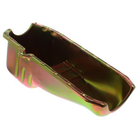 Milodon Stock Replacement Oil Pans 30701 Pan, Steel, Gold Iridite, 5 qt., Chevy, Small Block, RH Dipstick, Dart SHP, Int Control Baffle, Each
