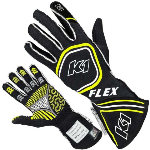K1 RaceGear FLEX Gloves 23-FLX-NFY-M Driving Gloves, Gloves, Two Layers, Nomex®, Black/Yellow Fluorescent, SFI 3.3/5, FIA 8856-2000, Medium, Pair