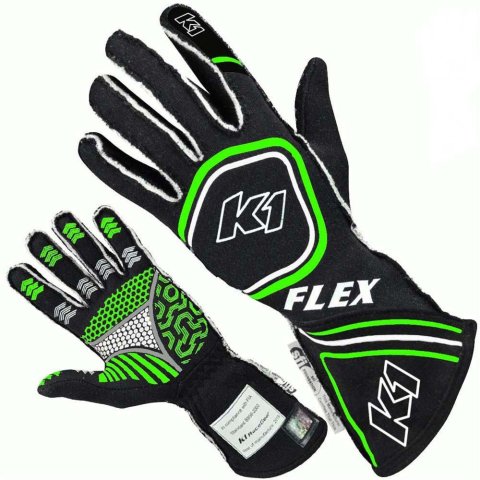 K1 RaceGear FLEX Gloves 23-FLX-NFV-L Driving Gloves, Gloves, Two Layers, Nomex®, Black/Green Fluorescent, SFI 3.3/5, FIA 8856-2000, Large, Pair