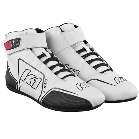 K1 RaceGear GTX-1 Driving Shoes 24-GTX-W-14 & Boots, Shoes, Mid-top, Nomex Liner, Leather Outer, White/Black, SFI 3.3/5, US Mens Size 14, Pair