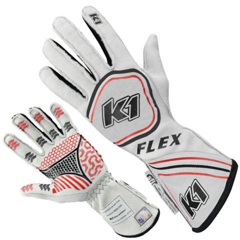 K1 RaceGear Black Series FLEX Gloves 23-FLX-W-M Driving Gloves, Gloves, Two Layers, Nomex®, White/Black/Red, SFI 3.3/5, FIA 8856-2000, Medium, Pair