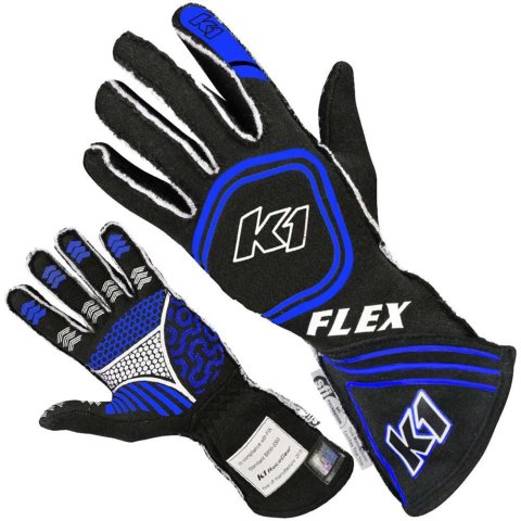 K1 RaceGear Black Series FLEX Gloves 23-FLX-NB-XL Driving Gloves, Gloves, Two Layers, Nomex®, Black/Blue, SFI 3.3/5, FIA 8856-2000, X-Large, Pair