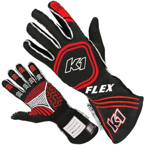 K1 RaceGear Black Series FLEX Gloves 23-FLX-NR-XL Driving Gloves, Gloves, Two Layers, Nomex®, Black/Red, SFI 3.3/5, FIA 8856-2000, X-Large, Pair