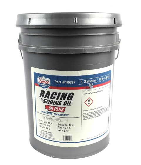 60plus Lucas Racing-Only High Performance Motor Oil 10697 Engine Oil, Racing Only, Performance, Mineral, 60plus, ZDDP Enhanced, 5 Gallons, Each