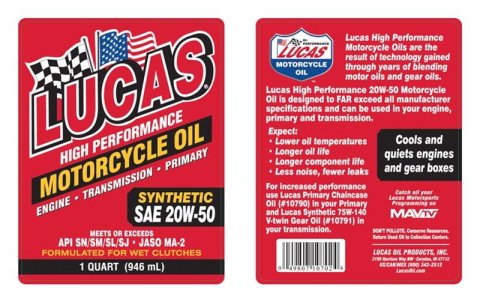 20w50 Lucas High Performance Motorcycle Oil 10702 Engine Oil, Motorcycle, 20W50, Synthetic, One qt., Set of 6
