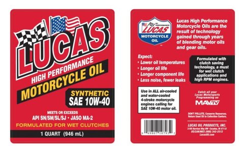 10w40 Lucas High Performance Motorcycle Oil 10710 Engine Oil, Motorcycle, Semi-Synthetic, 10W40, One qt., Set of 6