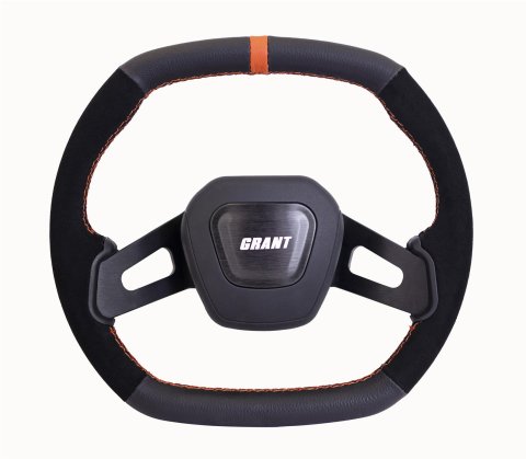 Grant Racing Performance Series Aluminum Steering Wheels 686 Wheels, Wheel, 2-Spoke, 13.75 in. x 12.75 in. Oval, Aluminum, Black Spokes, Leather/Suede, Black, Orange Stripe, Each