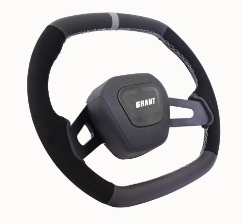 Grant Racing Performance Series Aluminum Steering Wheels 693 Wheels, Wheel, 2-Spoke, 13.75 in. x 12.75 in. Oval, Aluminum, Black Spokes, Leather/Suede, Black, Gray Stripe, Each