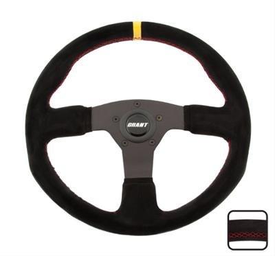 Grant Racing Suede Wheels 8547 Steering Wheel, 3-spoke, Black Grip, Black Aluminum Spokes, Yellow Center Marker and Red Stitching, 13.500 in. Diameter, Each
