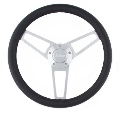 Grant Billet Steering Wheels 1904 Wheel, Series, Aluminum, Polished, Leather/Black, 3-Spoke, 14.75 in. Diameter, Jeep Logo Horn Button, Each