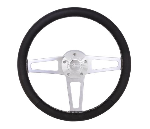 Grant Billet T-Series Steering Wheels 1913 Wheel, T Series, Aluminum, Polished, Leather/Black, 3-Spoke, 14 in. Diameter, 5-Bolt mount, Ford Logo Horn Button, Each