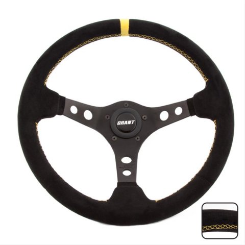Grant Racing Suede Wheels 697 Steering Wheel, Series, Aluminum/Black, Suede/Black/Yellow, 3-Spoke, 13.75 in. Diameter, 5-Bolt, Each