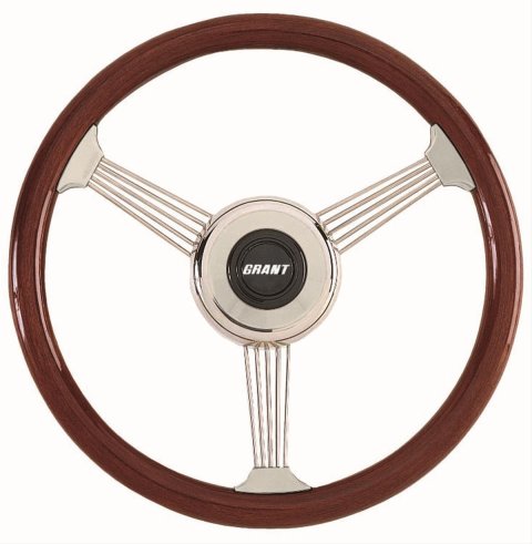 Grant Banjo Style Steering Wheels 1057 Wheel, Style, Stainless Steel, Wood/Mahogany, 3-Spoke, 14.75 in. Diameter, 5-Bolt, Each