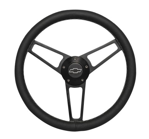 Grant Billet Steering Wheels 1906-1 Wheels, Series, 14.75 in. Diameter, Leather Grip, Aluminum, 3-Spoke, Black, with Chevy Bowtie Horn Button, Install Hub, Chevy, Each