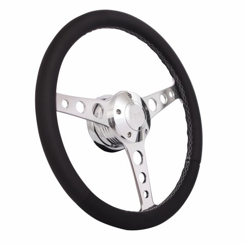 Grant Billet Classic Series Steering Wheels 1924 Wheel, Series, Aluminum, Polished, Leather/Black, 3-Spoke, 14 in. Diameter, 5-Bolt mount, Jeep Logo Horn Button, Each