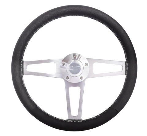 Grant Billet T-Series Steering Wheels 1911-2 Wheels, T-Series, 14.0 in. Diameter, Aluminum, 3-Spoke, Polished, Leather Grip, Black, with Installation Kit, Horn Cap, Chevy, Kit