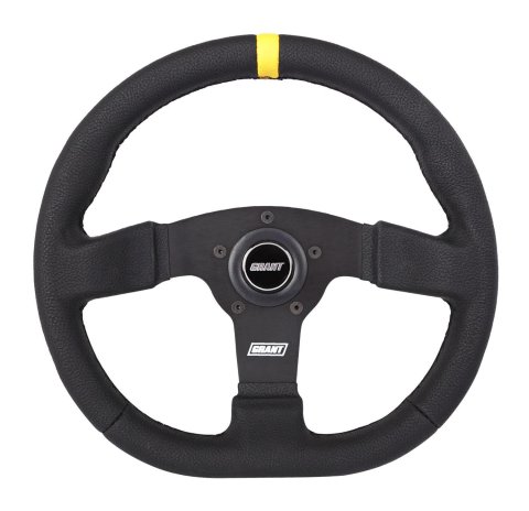 Grant D-Series Steering Wheels 603-S Wheels, D-Series, 13.5 in. x 12.25 in. Size, Aluminum, Black Spokes, Vinyl Grip, Black, Yellow Center Stripe, 3 or 5 Hole Mount, Each