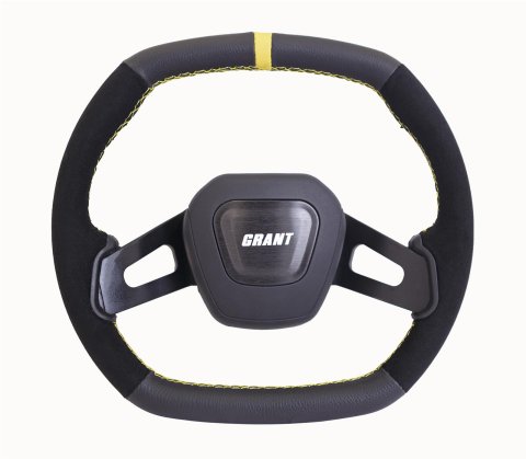 Grant Racing Performance Series Aluminum Steering Wheels 684 Wheels, Wheel, 2-Spoke, 13.75 in. x 12.75 in. Oval, Aluminum, Black Spokes, Leather/Suede, Black, Yellow Stripe, Each