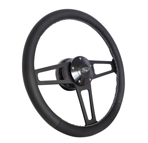 Grant Billet T-Series Steering Wheels 1917 Wheel, T Series, Aluminum, Black, Leather/Black, 3-Spoke, 14 in. Diameter, 5-Bolt mount, Ford Logo Horn Button, Each