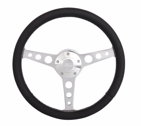 Grant Billet Classic Series Steering Wheels 1923 Wheel, Series, Aluminum, Polished, Leather/Black, 3-Spoke, 14 in. Diameter, 5-Bolt mount, Ford Logo Horn Button, Each