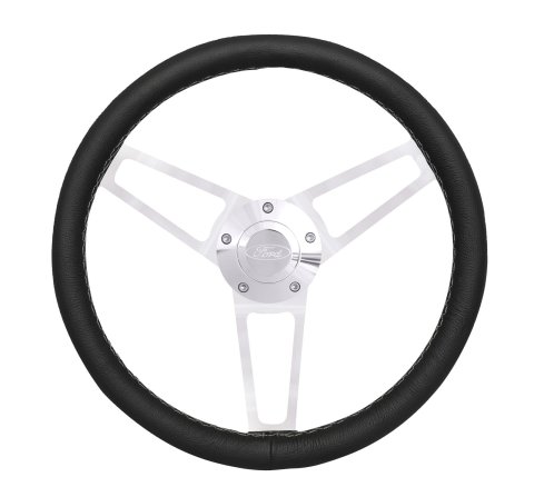 Grant Billet Steering Wheels 1902-1 Wheels, Series, 14.75 in. Diameter, Leather Grip, Aluminum, 3-Spoke, Polished, with Ford Logo Horn Button, Installation Hub, Each