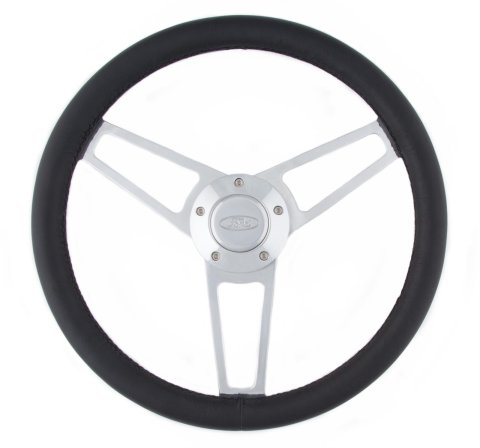 Grant Billet Steering Wheels 1903 Wheel, Series, Aluminum, Polished, Leather/Black, 3-Spoke, 14.75 in. Diameter, Ford Logo Horn Button, Each