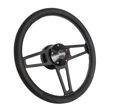Grant Billet T-Series Steering Wheels 1919 Wheel, T Series, Aluminum, Black, Leather/Black, 3-Spoke, 14 in. Diameter, 5-Bolt mount, Jeep Logo Horn Button, Each