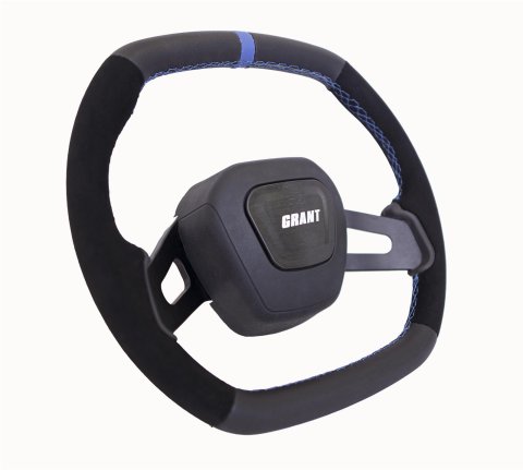 Grant Racing Performance Series Aluminum Steering Wheels 682 Wheels, Wheel, 2-Spoke, 13.75 in. x 12.75 in. Oval, Aluminum, Black Spokes, Leather/Suede, Black, Blue Stripe, Each