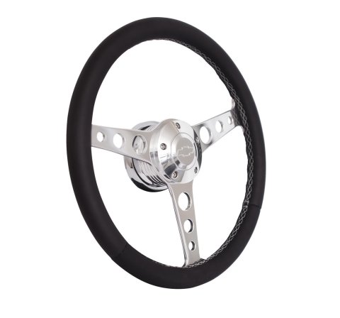 Grant Billet Classic Series Steering Wheels 1921 Wheel, Series, Aluminum, Polished, Leather/Black, 3-Spoke, 14 in. Diameter, 5-Bolt mount, Bowtie Logo Horn Button, Each
