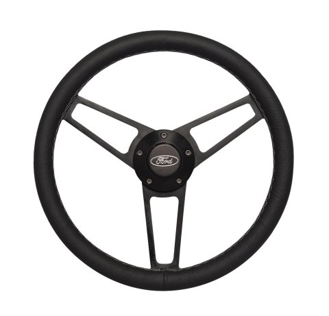 Grant Billet Steering Wheels 1907-1 Wheels, Series, 14.0 in. Diameter, Leather Grip Aluminum, 3-Spoke, Polished, with Ford Logo Horn Button, Installation Hub, Kit