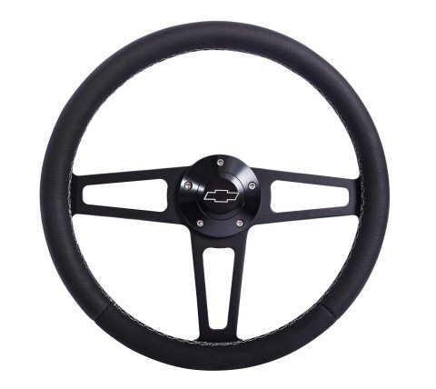 Grant Billet T-Series Steering Wheels 1916 Wheel, T Series, Aluminum, Black, Leather/Black, 3-Spoke, 14 in. Diameter, 5-Bolt mount, Bowtie Logo Horn Button, Each