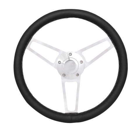 Grant Billet Steering Wheels 1901-2 Wheels, Series, 14.75 in. Diameter, Leather Grip, Aluminum, 3-Spoke, Polished, with Chevy BowTie Horn Button, Installation Hub, Each