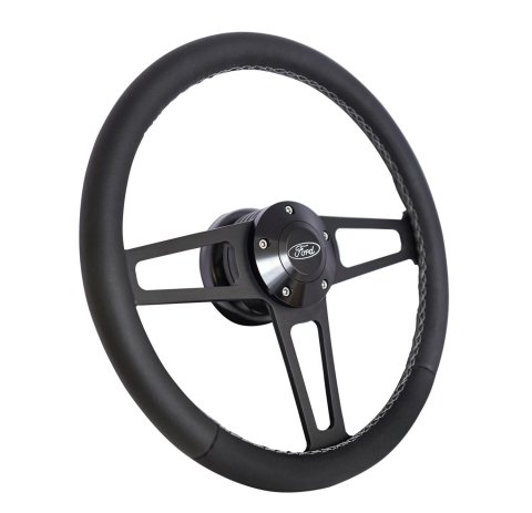 Grant Billet T-Series Steering Wheels 1917-1 Wheels, T-Series, 14.0 in. Diameter, Aluminum, 3-Spoke, Black, Leather Grip, Black, with Installation Kit, Horn Cap, Ford, Kit