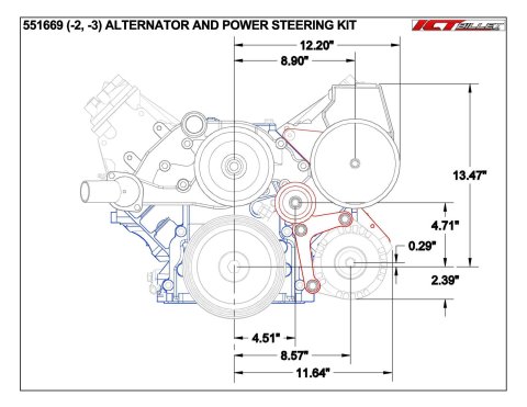 ICT Billet Alternator/Power Steering Bracket Kits 551669-2 Alternator and Power Brackets Kits, Aluminum, Natural, Driver Side, Long Water Pump Style, Chevy, Small Block LS, Kit