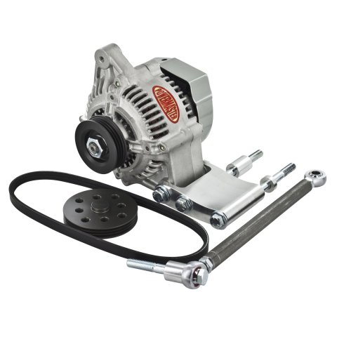Powermaster High Mount Racing Alternator Kits 8-802 Alternator, Race, Natural, 65 Amp, 12v, Denso, Serpentine, Bracket, Belt, Kit
